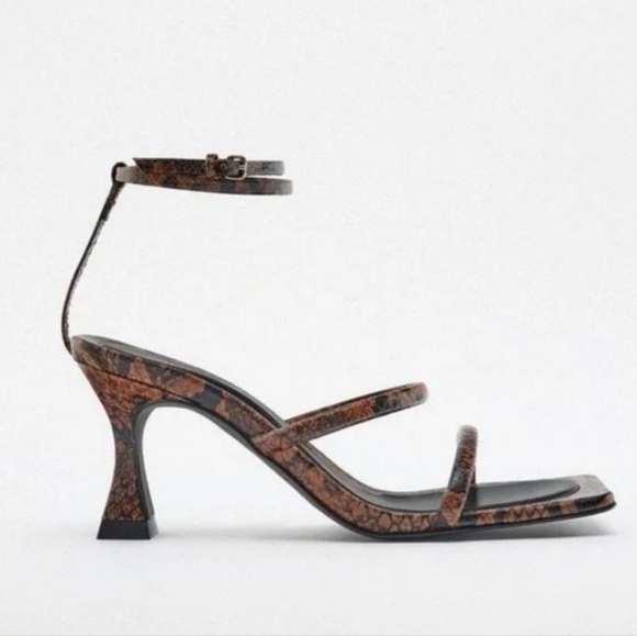 Zara Snake Print Double Strap Leather Sandal Heels - Picture 3 of 8